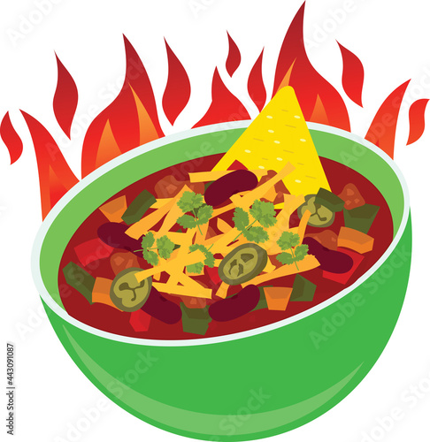 Delicous fire loaded chili con carne bowl cheese mexican  illustration vector cartoon