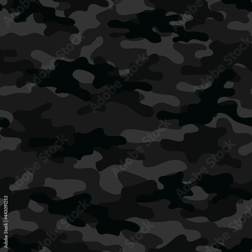 Camouflage black texture seamless pattern. Abstract modern military camo background for fabric and fashion textile print. Vector illustration.