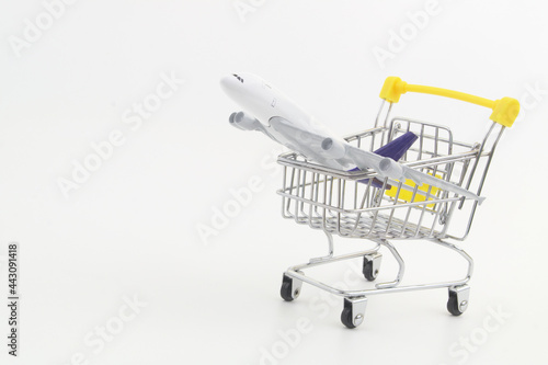 Airplane model in shopping cart with copy space. Buy air tickets and travel tour concept.  © Valerii Evlakhov