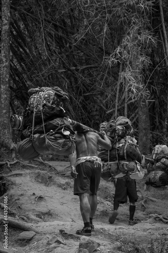 The close-up back side of Sherpas or local hiking carry man at Phukradueng national park, Loey provine, Thailand in black and white mood