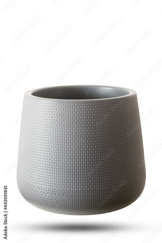 Empty gray modern plastic pots isolated on white background. Empty pots for grafic design to fit plants or flower. Empty gray modern plastic pots isolated on white background. Empty pots for grafic design to fit plants or flower.
