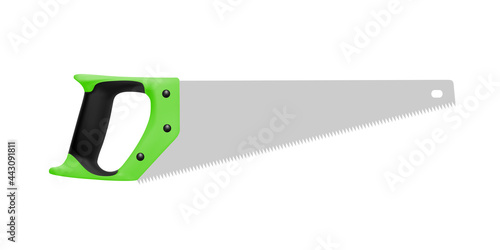 Hand saw on wood in a vector on a white background.Hand hacksaw on wood in the vector side view.