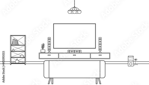 Living room with home theatre line art design on white background. Vector illustration of room interior concept.