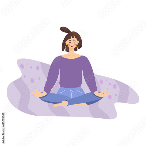 Concept of meditating girl. The woman relaxes and calms down in the lotus position. Good health and wellness during meditation. Vector illustration in a flat style.