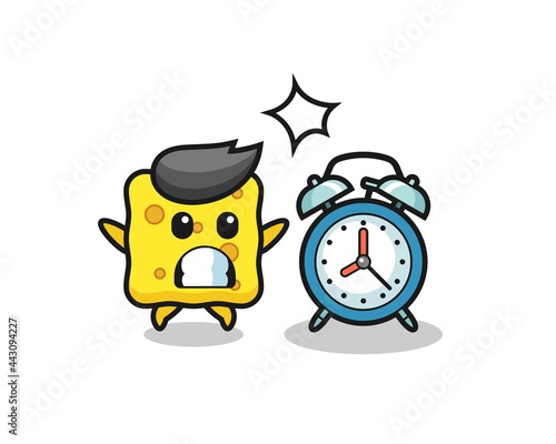 Cartoon Illustration of sponge is surprised with a giant alarm clock