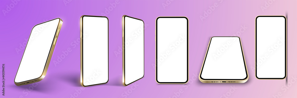 Isolated realistic mobile phone in various positions, side, top and tilt. A mock-up of a golden phone with a blank screen for text. Template for infographics or presentation UI, UX design interface. Isolated realistic mobile phone in various positions, side, top and tilt. A mock-up of a golden phone with a blank screen for text. Template for infographics or presentation UI, UX design interface.