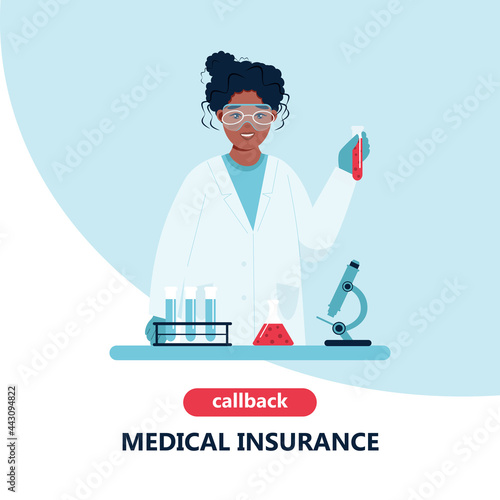 Female doctor in white medical uniform takes blood tests and holds a test tube in her hands. female scientist conducting experiments in lab.  Health chech up or medical insurance concept. Catroon Flat