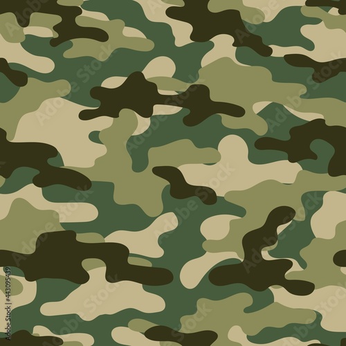 Camouflage seamless pattern. Trendy style camo, repeat print green. Vector illustration. Khaki texture, military army hunting