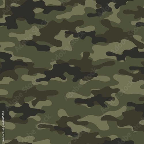 Camouflage seamless pattern. Trendy style camo, repeat print. Vector illustration. Khaki texture, military green army hunting
