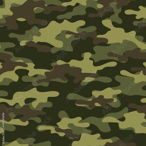 Camouflage seamless pattern. Trendy style camo, repeat print. Vector illustration. Khaki texture, military army green hunting