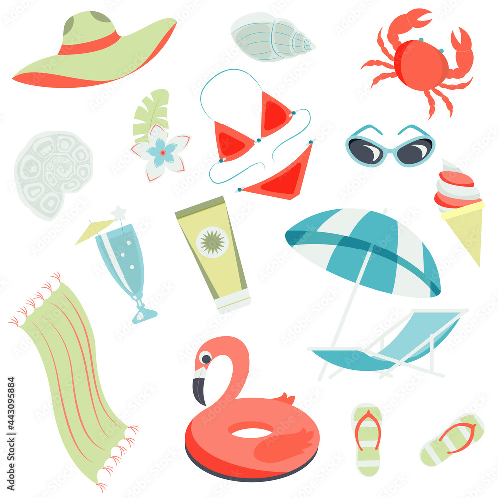 Fototapeta premium Vector summertime clipart. Summer set with cute beach elements: bikini, flip flops, swim ring, deck chair, glasses. flat cartoon vector illustration.