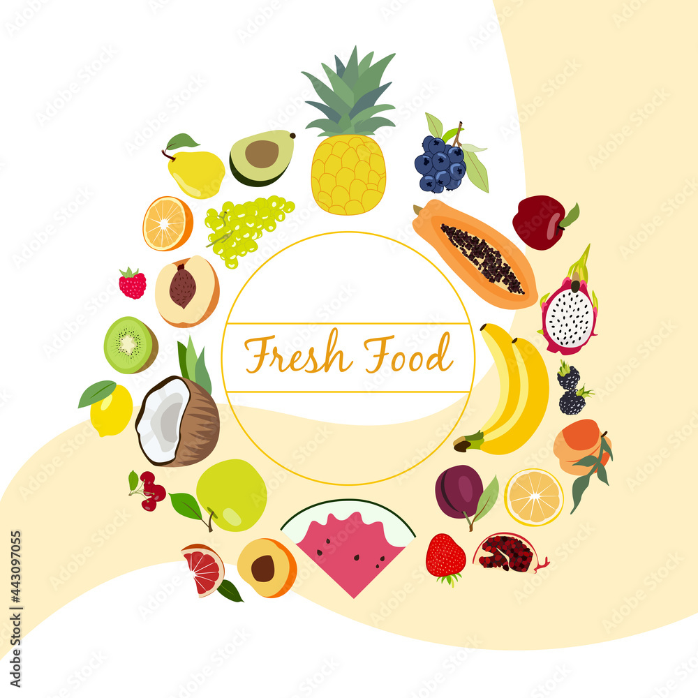 Set of vector vegetables, fruits and berries collected in a circle. Coconut, strawberry pineapple, potato, tomato, garlic, orange, watermelon, pear, plum, papaya, raspberry, banana, lemon, grapes Set of vector vegetables, fruits and berries collected in a circle. Coconut, strawberry pineapple, potato, tomato, garlic, orange, watermelon, pear, plum, papaya, raspberry, banana, lemon, grapes