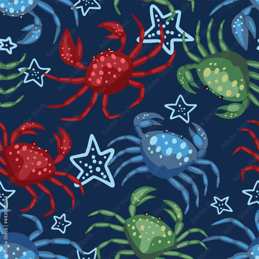 Cute crabs and starfish. Abstract vector seamless pattern. Colored cartoon ornament with sea animals. Funny modern design for print, fabric, textile, background, wallpaper, wrap, card, decor. Cute crabs and starfish. Abstract vector seamless pattern. Colored cartoon ornament with sea animals. Funny modern design for print, fabric, textile, background, wallpaper, wrap, card, decor.