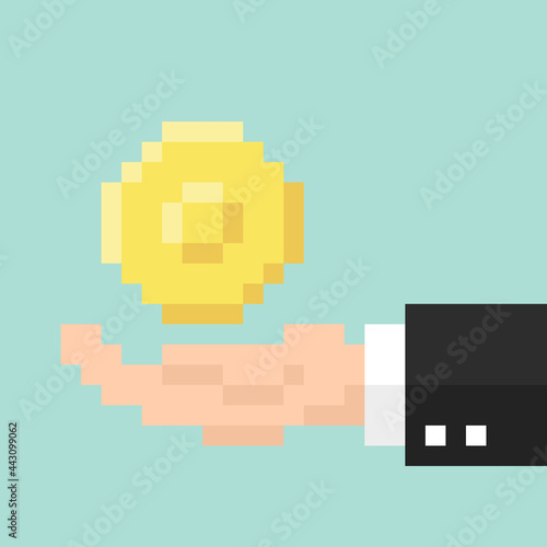 Hand giving money coin, icon for business design. Pixel 8 bit style