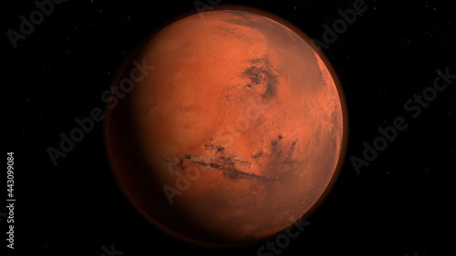Vista desde el espacio de Marte con estrellas de fondo.	