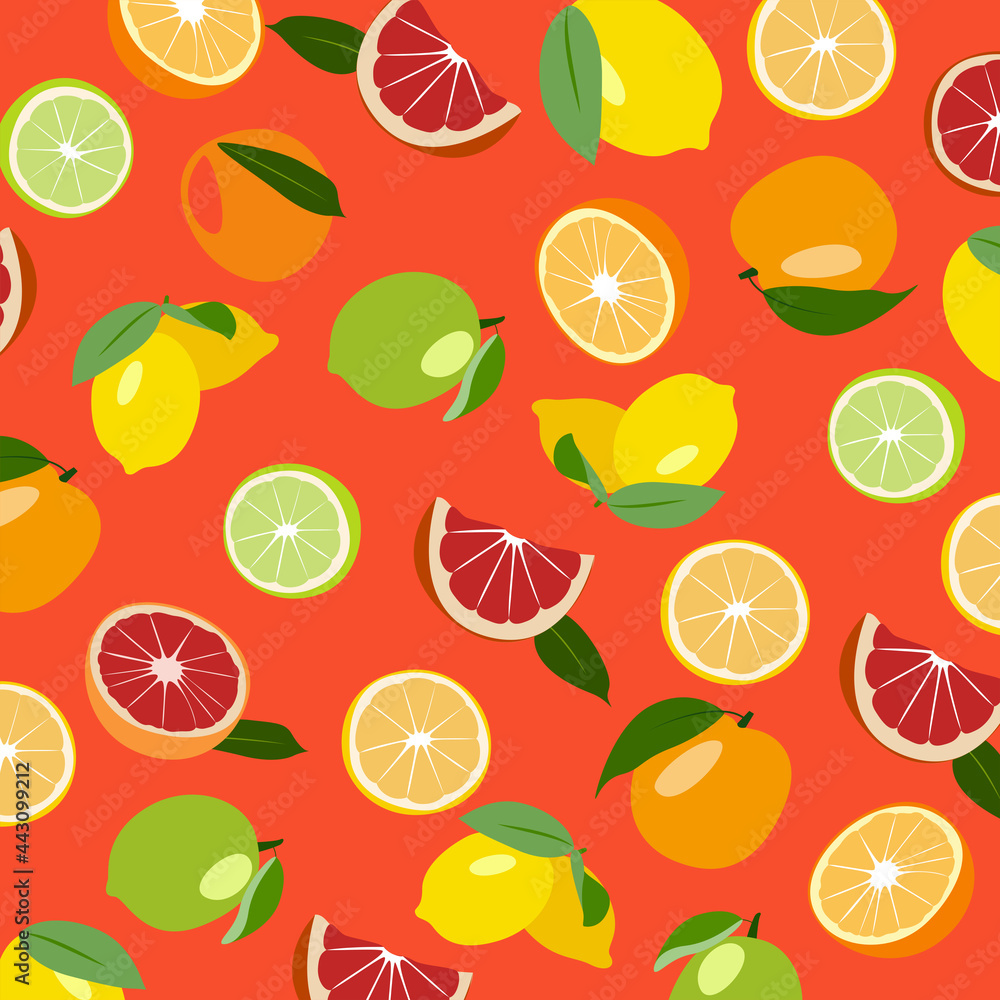 Vector set of citrus fruits. Lime, orange, grapefruit, tangerine, juice, yellow background, fruit, farm, market, shop