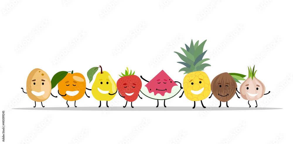 Naklejka premium Vector set of emotional vegetables, fruits and berries with handles and a mug. Coconut, strawberry pineapple, potato, tomato, garlic, orange, watermelon, pear