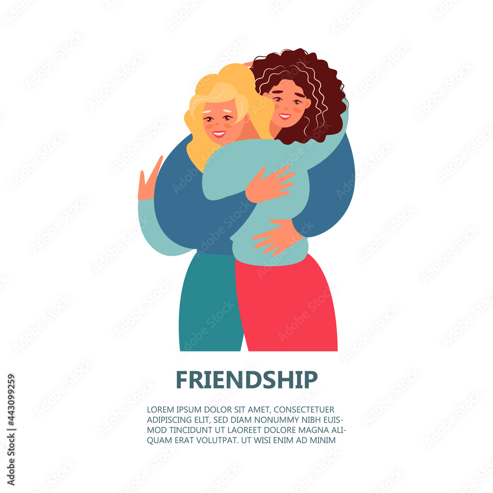Vector cartoon illustration of Happy meeting of two Friends hugging. Two woman happy to each other. Love, relatives, friends.
Vector cartoon illustration of Happy meeting of two Friends hugging. Two woman happy to each other. Love, relatives, friends.