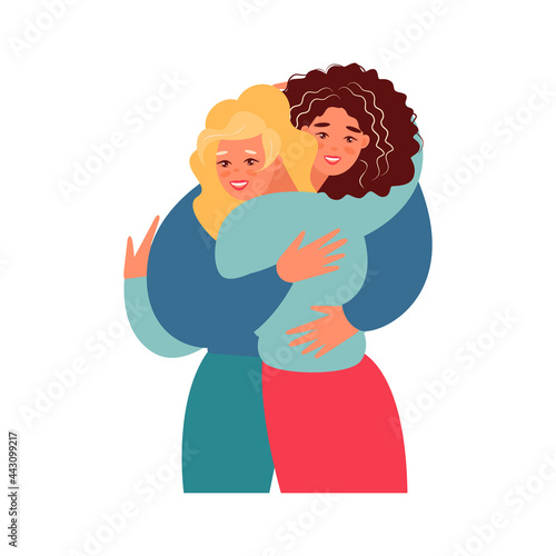 Vector cartoon illustration of Happy meeting of two Friends hugging. Two woman happy to each other. Love, relatives, friends.


