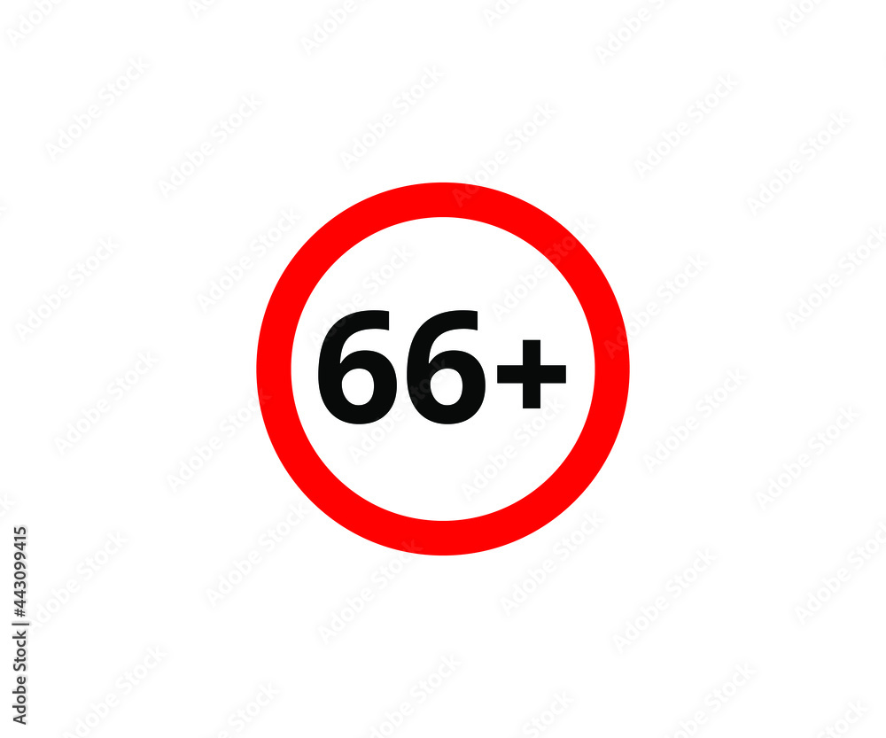 66+ restriction flat sign isolated on white background. 66 plus Age limit symbols 66+ restriction flat sign isolated on white background. 66 plus Age limit symbols