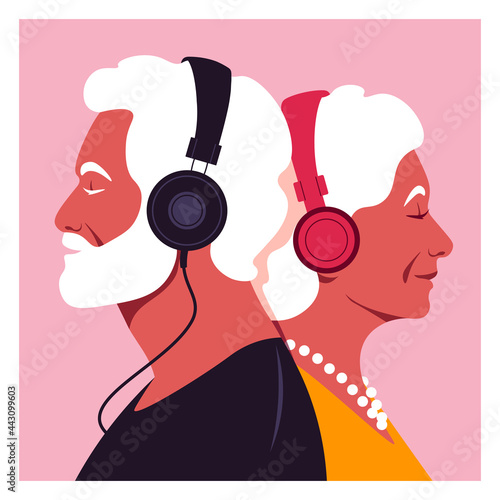 Elderly people listen to music on headphones. Music therapy. Grandparents profiles. Vector flat illustration.
