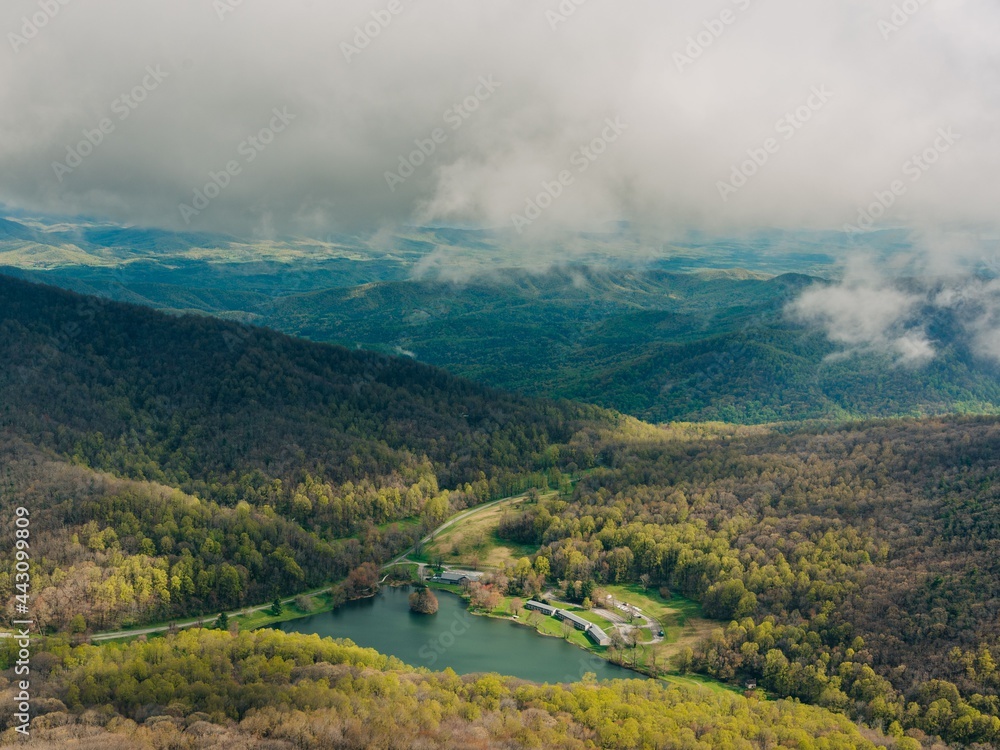 View of Abbott Lake from Sharp Top Mountain, at Peaks of Otter, on the Blue Ridge Parkway in Virginia