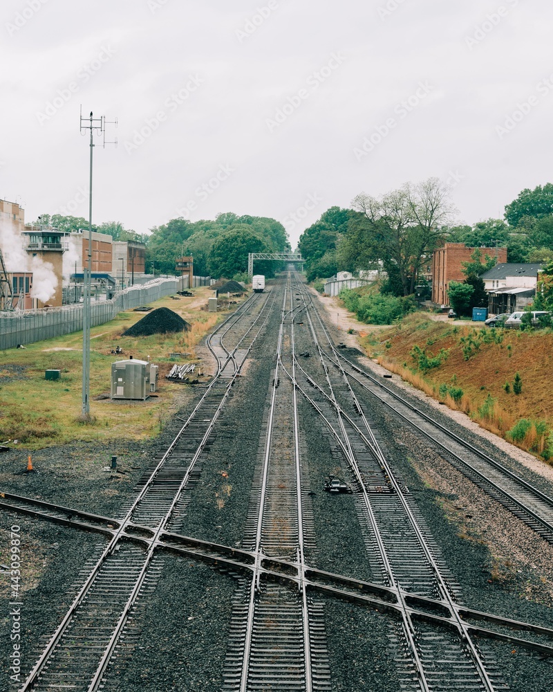Train tracks with buildings and trees, Raleigh, North Carolina
