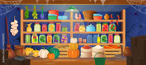 Pantry, cellar with food preserves on shelves. Vector cartoon interior of storeroom with vegetables and fruit, bags, glass jars on shelves in the cellar. Canned vegetables and fruit.