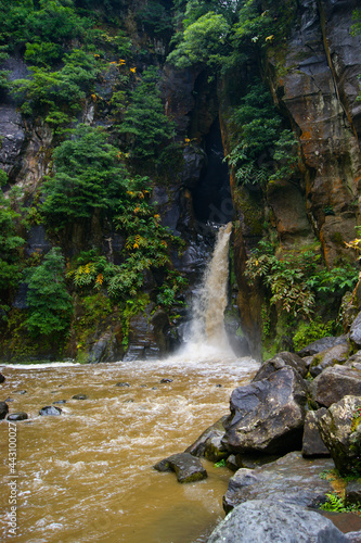 Wild cascade flowing in a rocky, humid and natural environment.