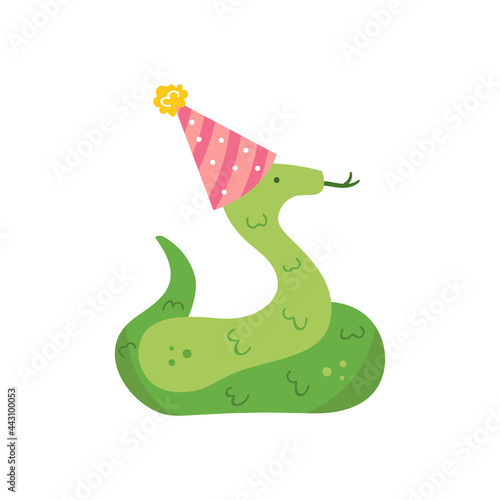 Happy birthday. Cute african animal snake with party hat. Holiday decoration. Vector illustration for children. Isolated on white background.