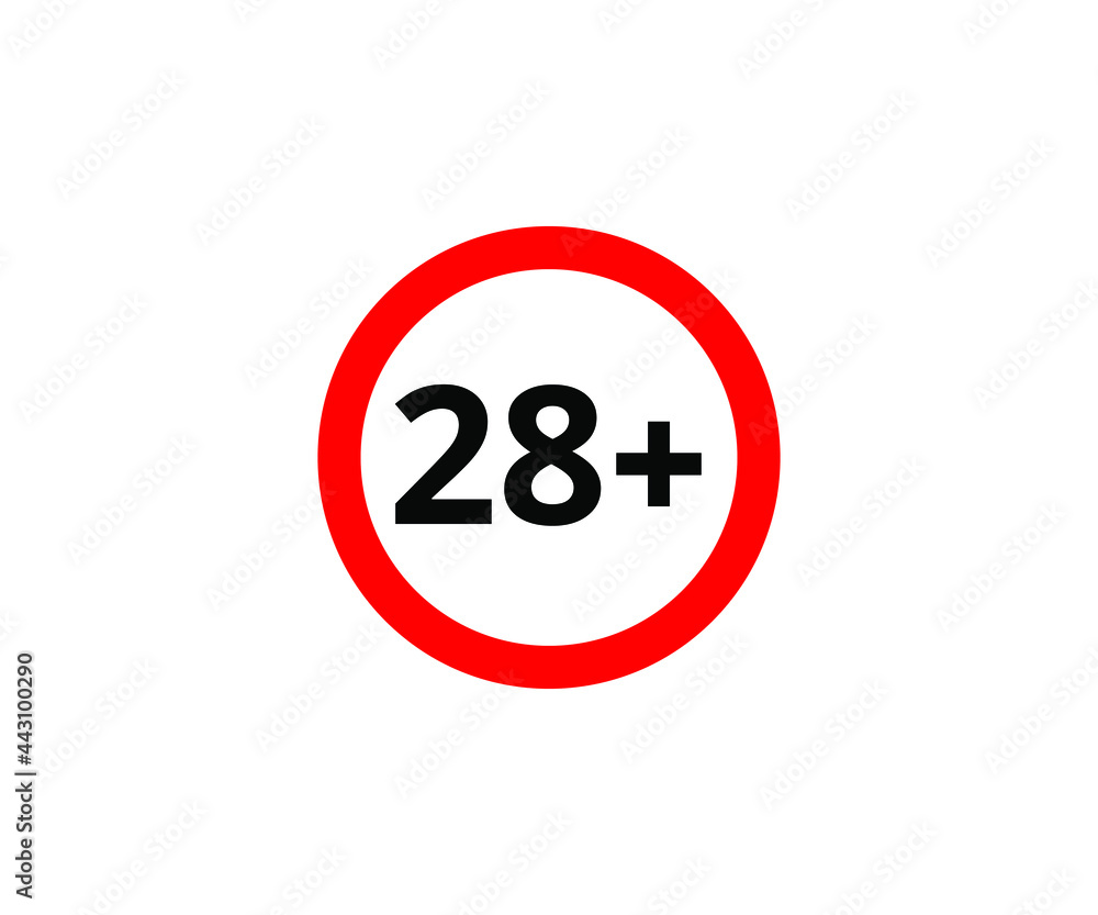 28+ restriction flat sign isolated on white background. 28 plus Age limit symbols 28+ restriction flat sign isolated on white background. 28 plus Age limit symbols