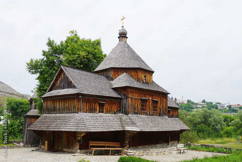 An ancient wooden Orthodox church in Kamianets-Podilskyi, Ukraine.