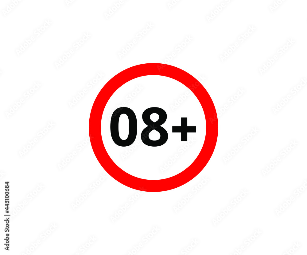 8+ restriction flat sign isolated on white background. 8 plus Age limit symbols 8+ restriction flat sign isolated on white background. 8 plus Age limit symbols