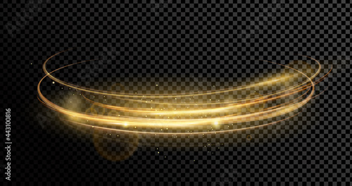 Fototapeta Vector illustration of magic golden dynamic lights and lens effect with sparks isolated on transparent dark background