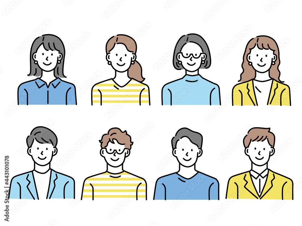 人物アイコンイラスト(女性、男性、ファッション、髪型、若者、顔パターン) Person icon illustration .female, male, fashion, hairstyle, youth, face pattern 人物アイコンイラスト(女性、男性、ファッション、髪型、若者、顔パターン) Person icon illustration .female, male, fashion, hairstyle, youth, face pattern