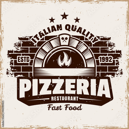 Brick oven vector emblem, badge, label or logo for pizzeria in vintage colored style isolated on background with grunge texture