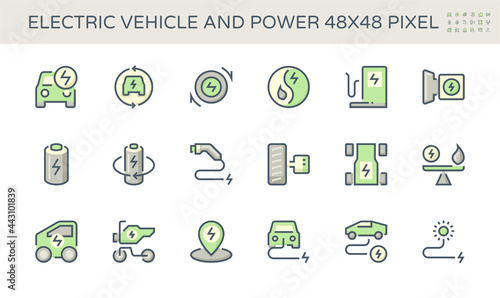 Electric vehicle (EV) vector icon design. Consist of auto car or motor, fuel, electrical, charger and charging station. Concept for technology, green power, alternative energy, eco and transportation.