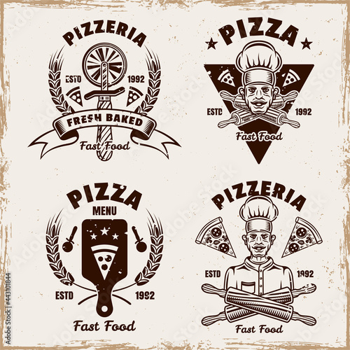 Pizza set of vector emblems, badges, labels or logos in vintage style on background with removable grunge textures