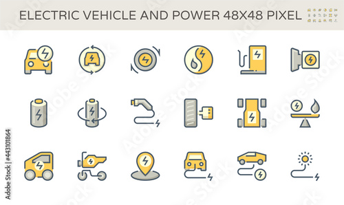 Electric vehicle (EV) vector icon design. Consist of auto car or motor, fuel, electrical, charger and charging station. Concept for technology, green power, alternative energy, eco and transportation.