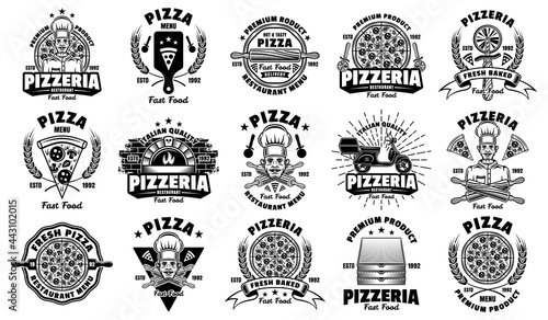 Pizza and pizzeria big set of fifteen vector emblems, badges, labels or logos in vintage monochrome style isolated on white background