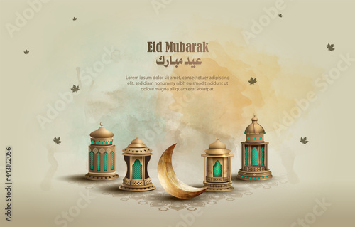 islamic greeting eid mubarak card design with beautiful gold lanterns and crescent moon