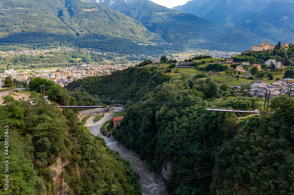 Sondrio in Valtellina, cable-stayed bridge construction in Cassandre, aerial view	