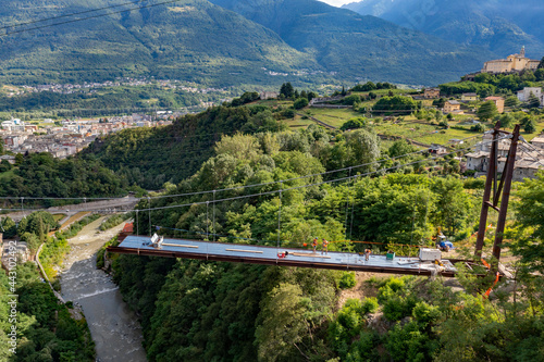 Sondrio in Valtellina, cable-stayed bridge construction in Cassandre, aerial view	 photo