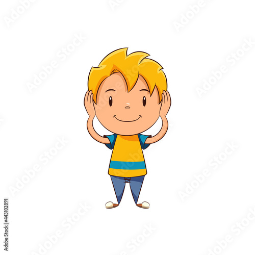 Kid covering his ears, happy cute child