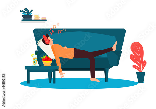 Concept happy relax. Men sleeping on the sofa at home in holiday. man was listening to music happily in a quiet place. Vector flat style. Illustration for Lifestyle, relaxation, relax, holiday, free