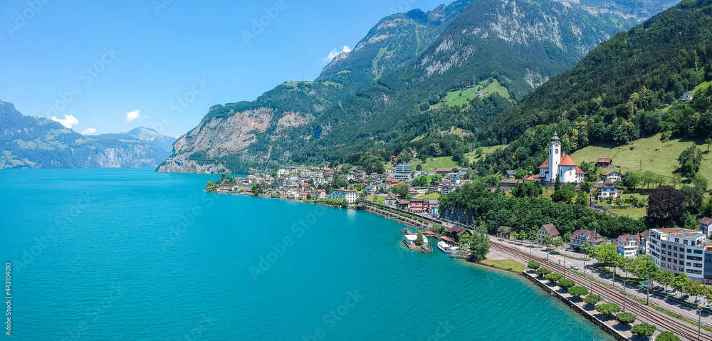 The towns of Flüelen, Altdorf and the Lake Lucerne with Swiss alps also know as the Vierwaldstättersee region.
