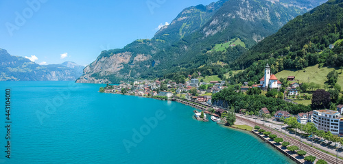 The towns of Flüelen, Altdorf and the Lake Lucerne with Swiss alps also know as the Vierwaldstättersee region.

