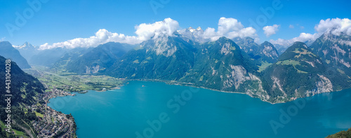 The towns of Flüelen, Altdorf and the Lake Lucerne with Swiss alps also know as the Vierwaldstättersee region. 