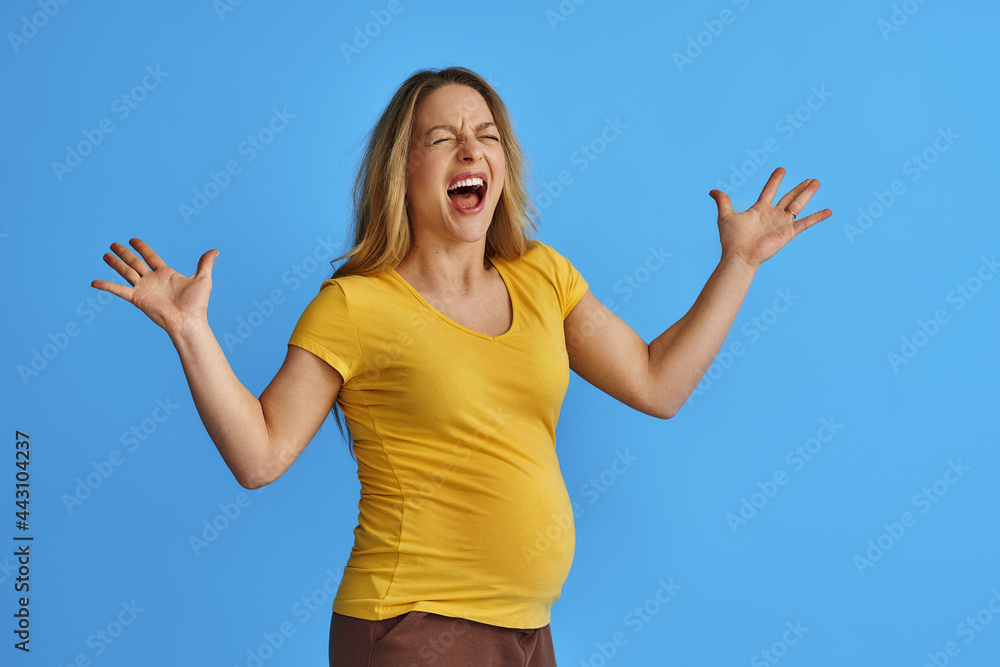 Fototapeta premium young pregnant woman expecting baby on an isolated blue background, in anger, screams madly with an aggressive expression and raised hands. The concept of frustration and mood swings during pregnancy