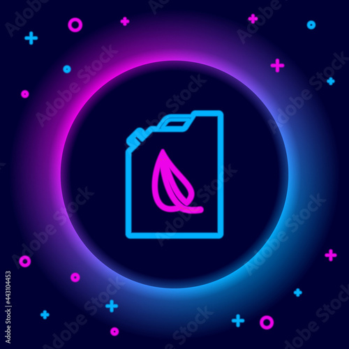 Glowing neon line Bio fuel canister icon isolated on black background. Eco bio and barrel. Green environment and recycle. Colorful outline concept. Vector
